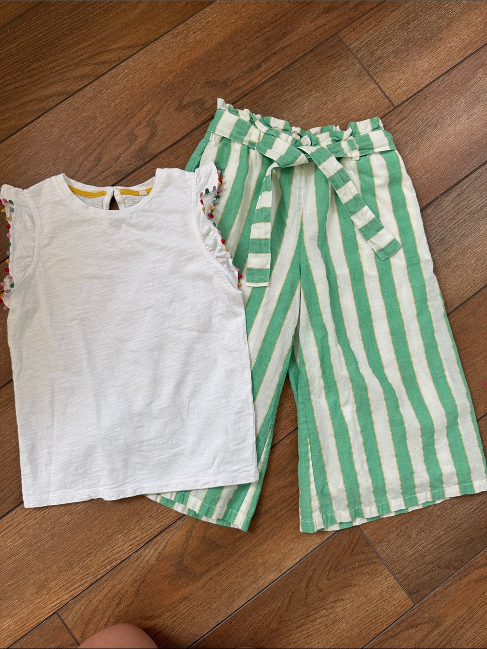 Kids Mini Boden Set: White Tank Top and Green Stripe Pants Set